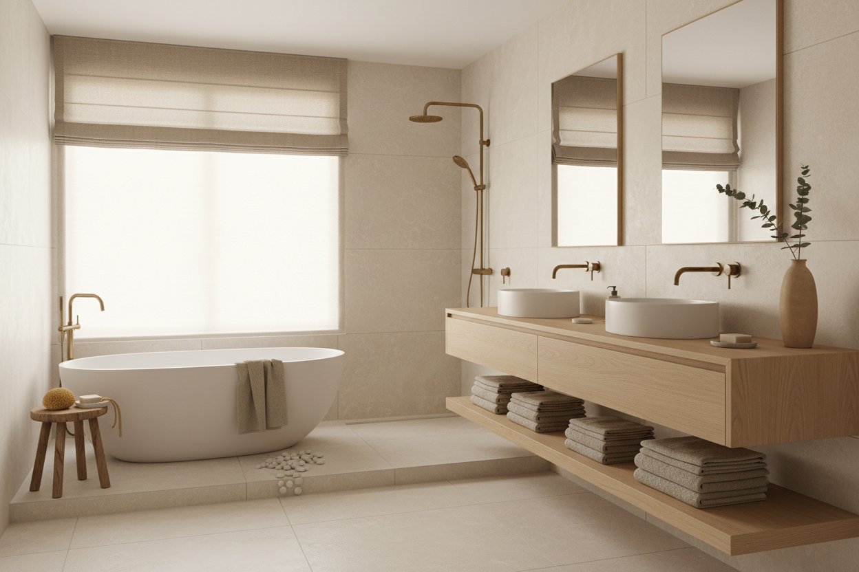 calm neutral master bathroom interior, soft textures, light wood, minimal styling
