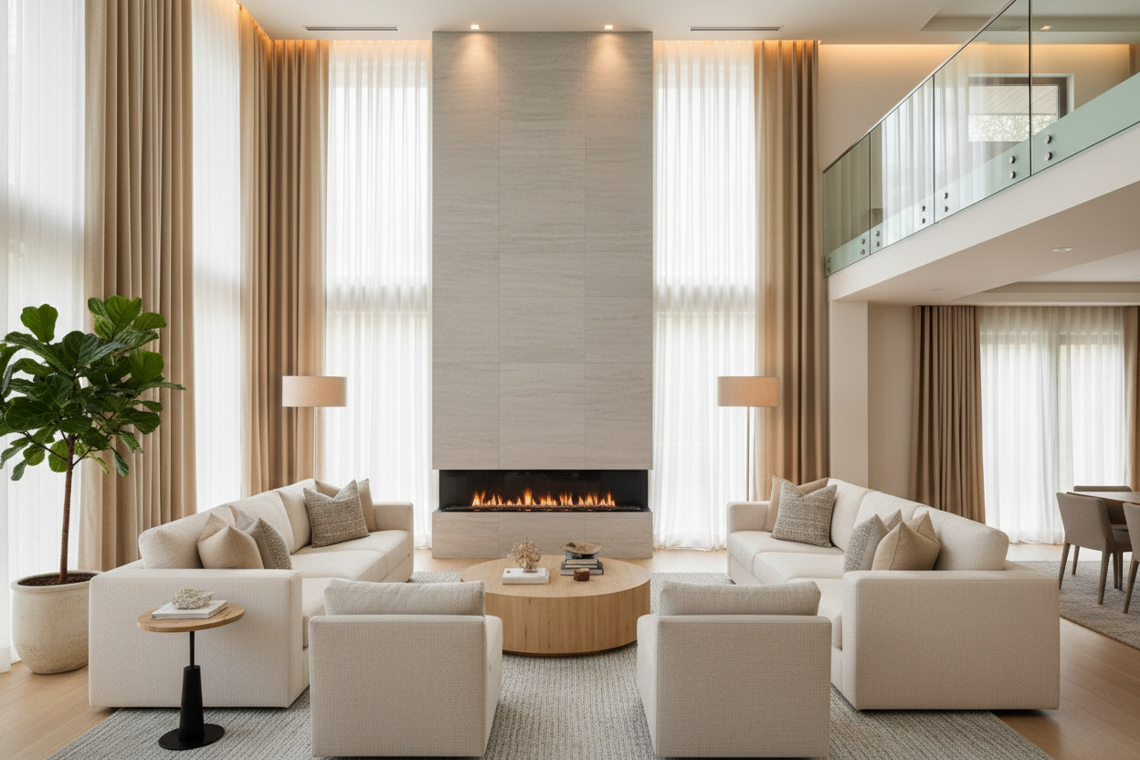 calming two-story family room with tall curtains and linear fireplace