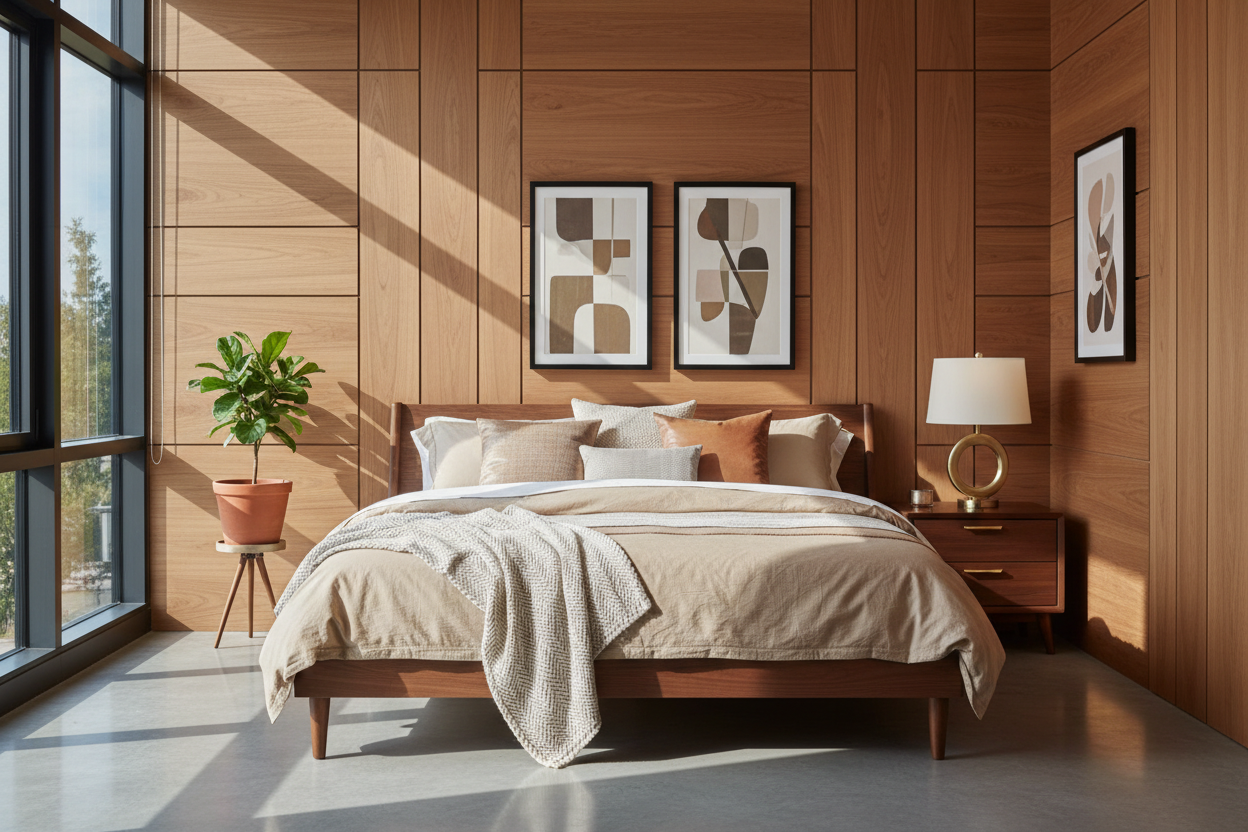 mid-century modern style bedroom with wall paneling, plush king-sized bed styled with neutral colored bed linen. The room should have natural lighting but show intentional style.